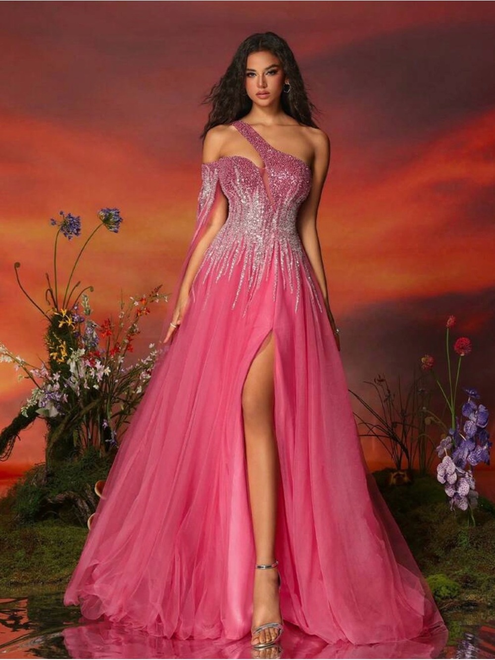 VIPGIRL Pink One-Shoulder Beaded Tulle Prom Gown with Cape